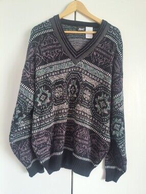 Vintage Impact Grandpa Sweater V Neck with Faux Leather Accent XL Coogi Style